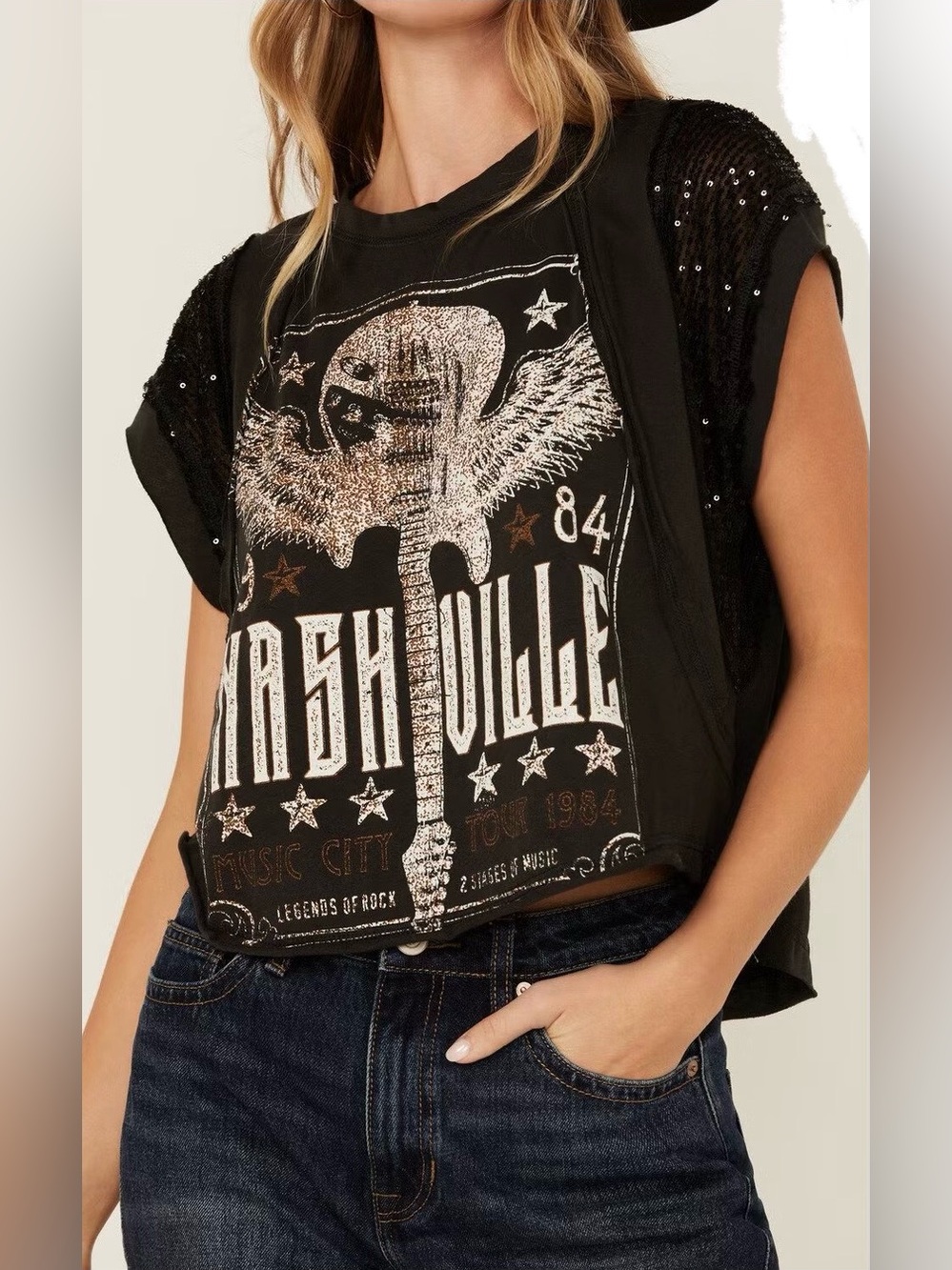Originality Nashville Black Lace Sequin Sleeves Guitar Graphic Tee NWT Size L